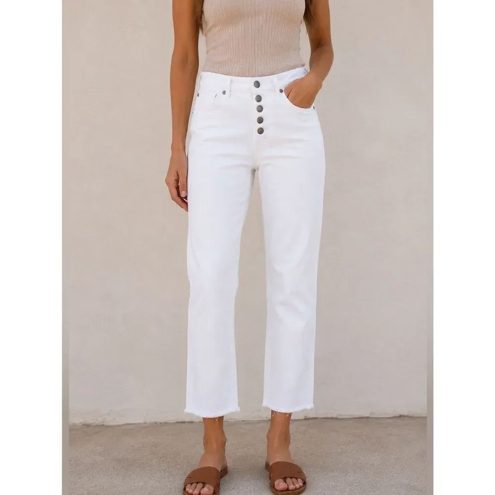 Kenneth Cole White Button Fly Raw Hem Cropped Jeans Size 4